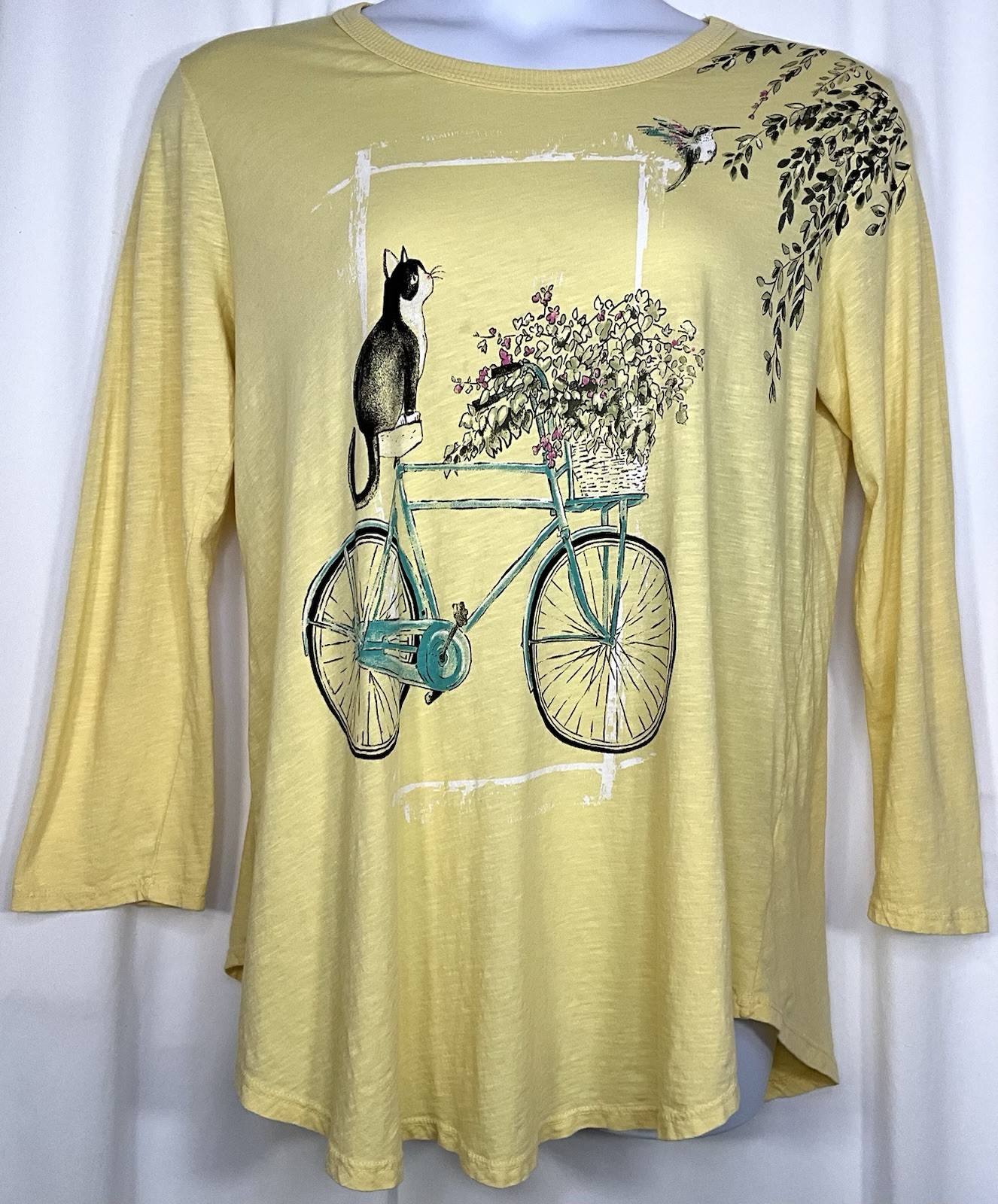 Jess & Jane Yellow T Shirt Sz Large Cat on Bike Hummingbird Long Slv Cotton EUC
