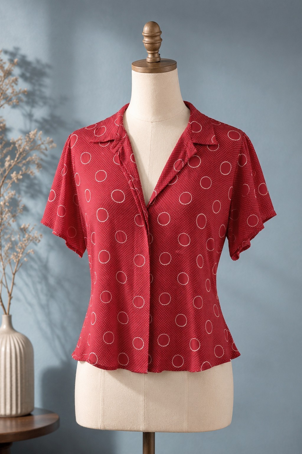 Vtg 80s Retro Pin-Up Polka Dot Red Blouse Rockabilly French twee Librarian Top