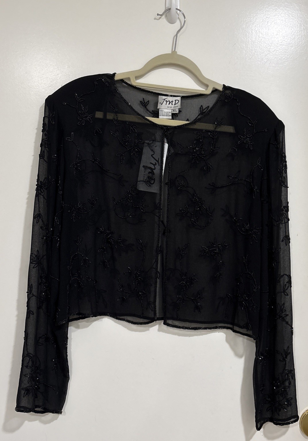 NWT Vintage JMD New York Black Sheer Beaded Embroidered Bolero Shrug Size XL
