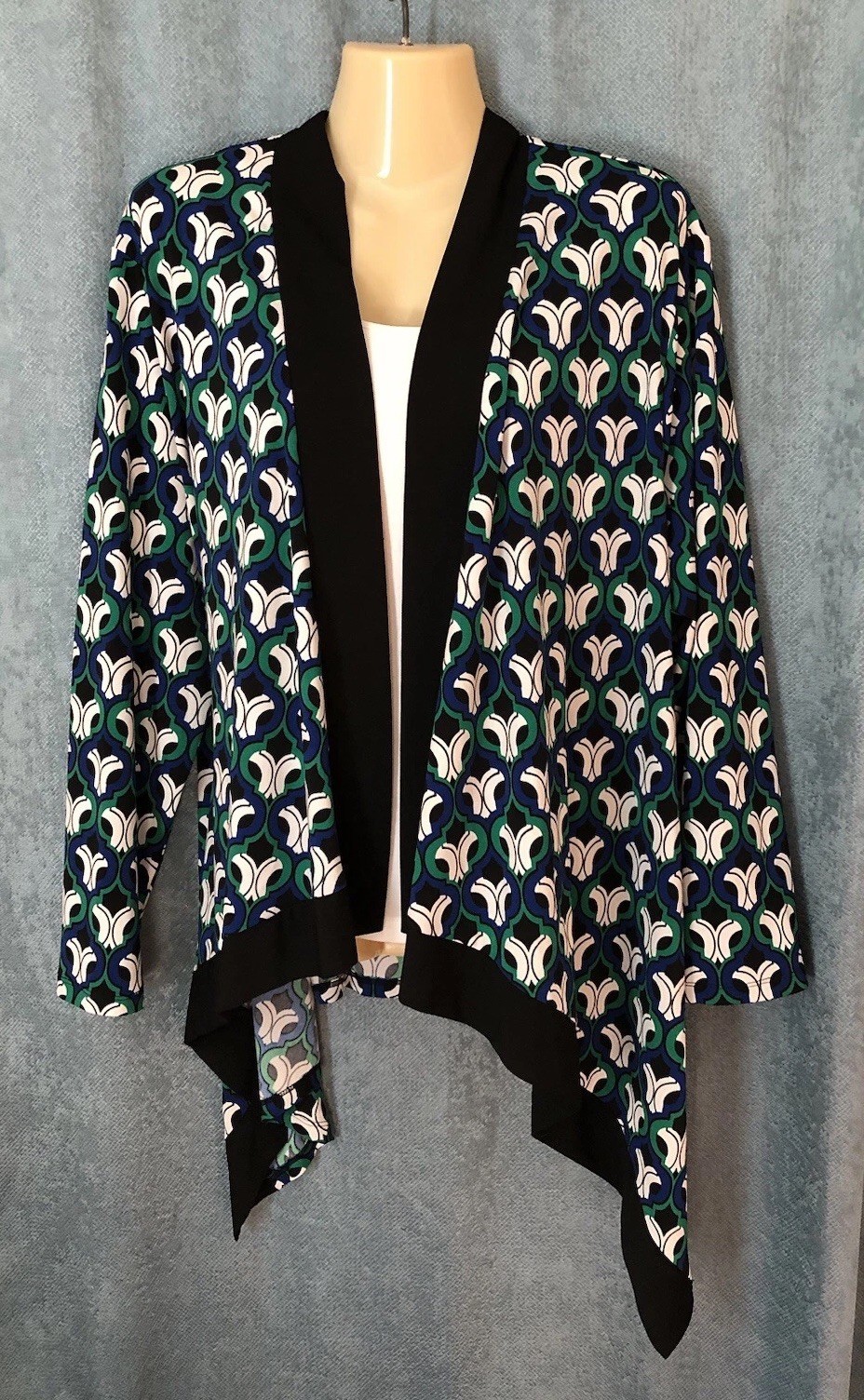 Kasper Easy Care Waterfall Cardigan Jacket Size 2X Blue Green Geometric Print