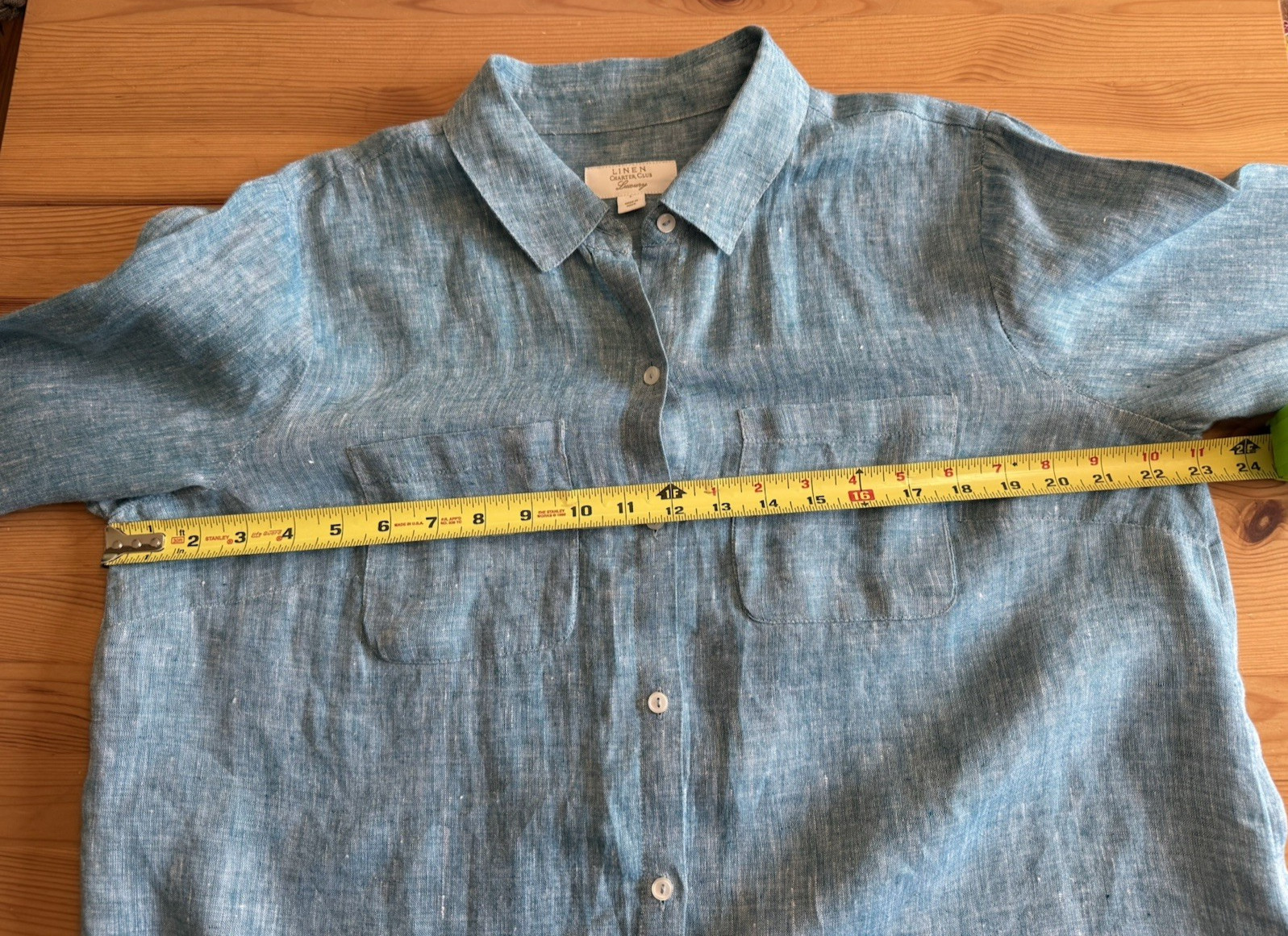 New No Tag Charter Club Luxury Women Linen Roll-tab Sleev Button Blue Shirt Sz L