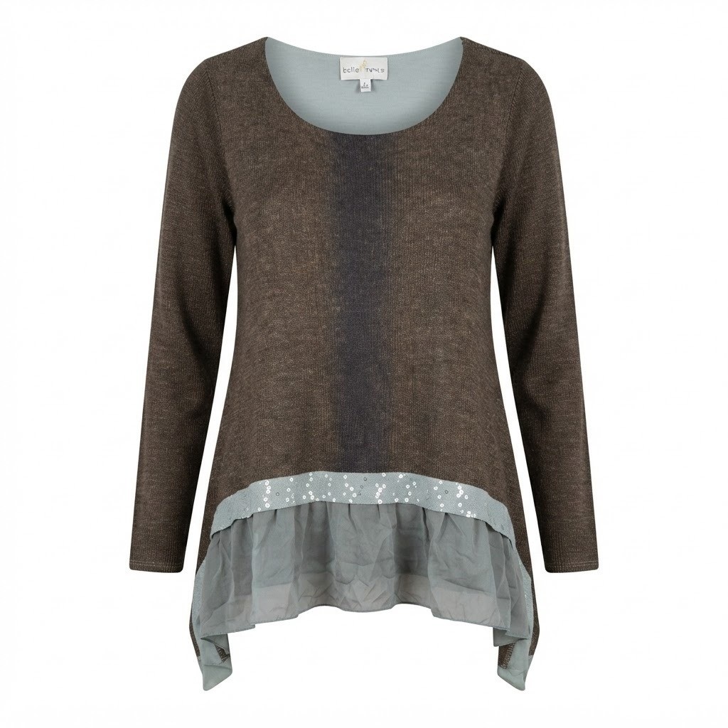 Belle France Italy Mohair Silk Blend Sequin Ruffle Tunic Top Gray Brown Large
