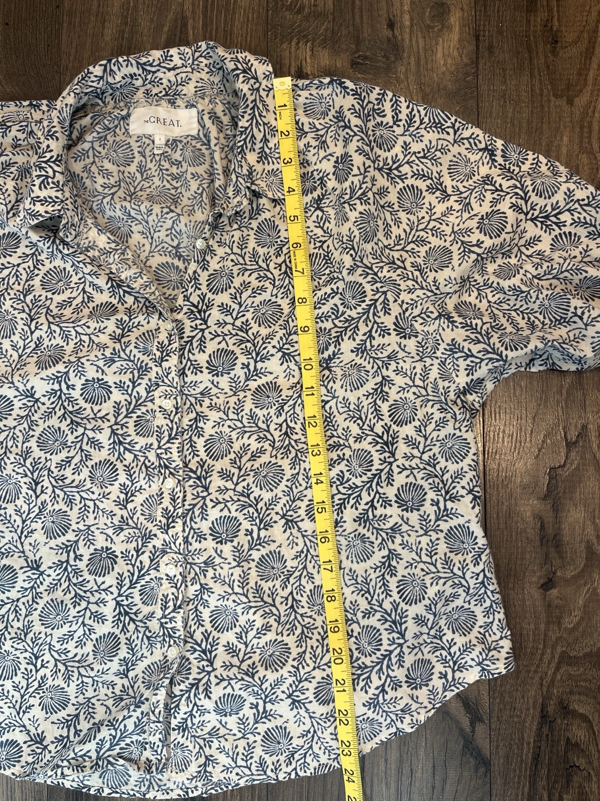 The Great. The Estate Button Up in Feather Grass Block Print Blue Sz 1 (S)