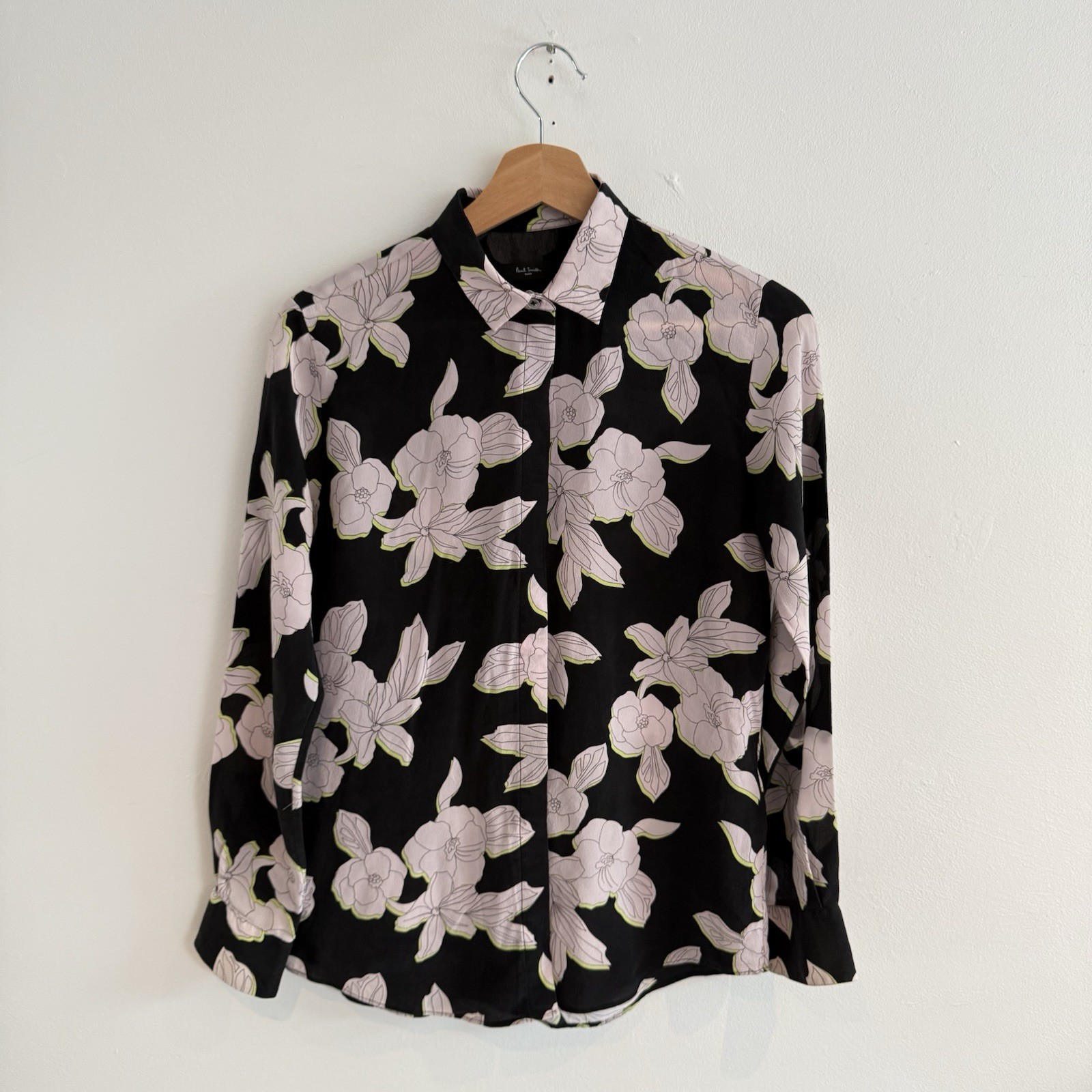 Paul Smith Silk Shirt Blouse Womens 38 Medium Black Floral Flower Button Up