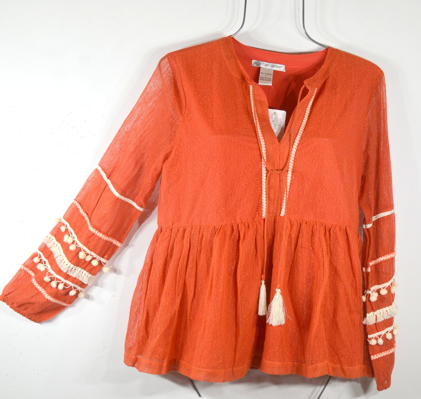 New Women’s Shirt L Orange Boho Embellished Tie Neck Peasant Top Blouse NWT