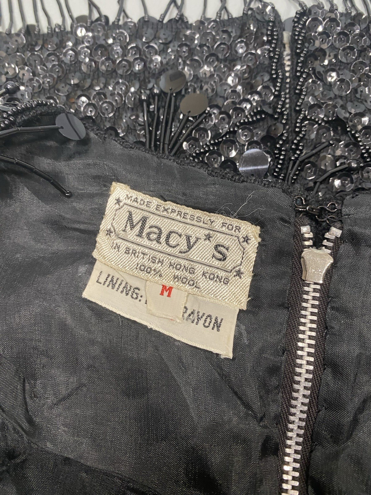 Vintage Sequin Top SIZE MEDIUM M black beaded fringe MACY’S Hong Kong 60s 70s