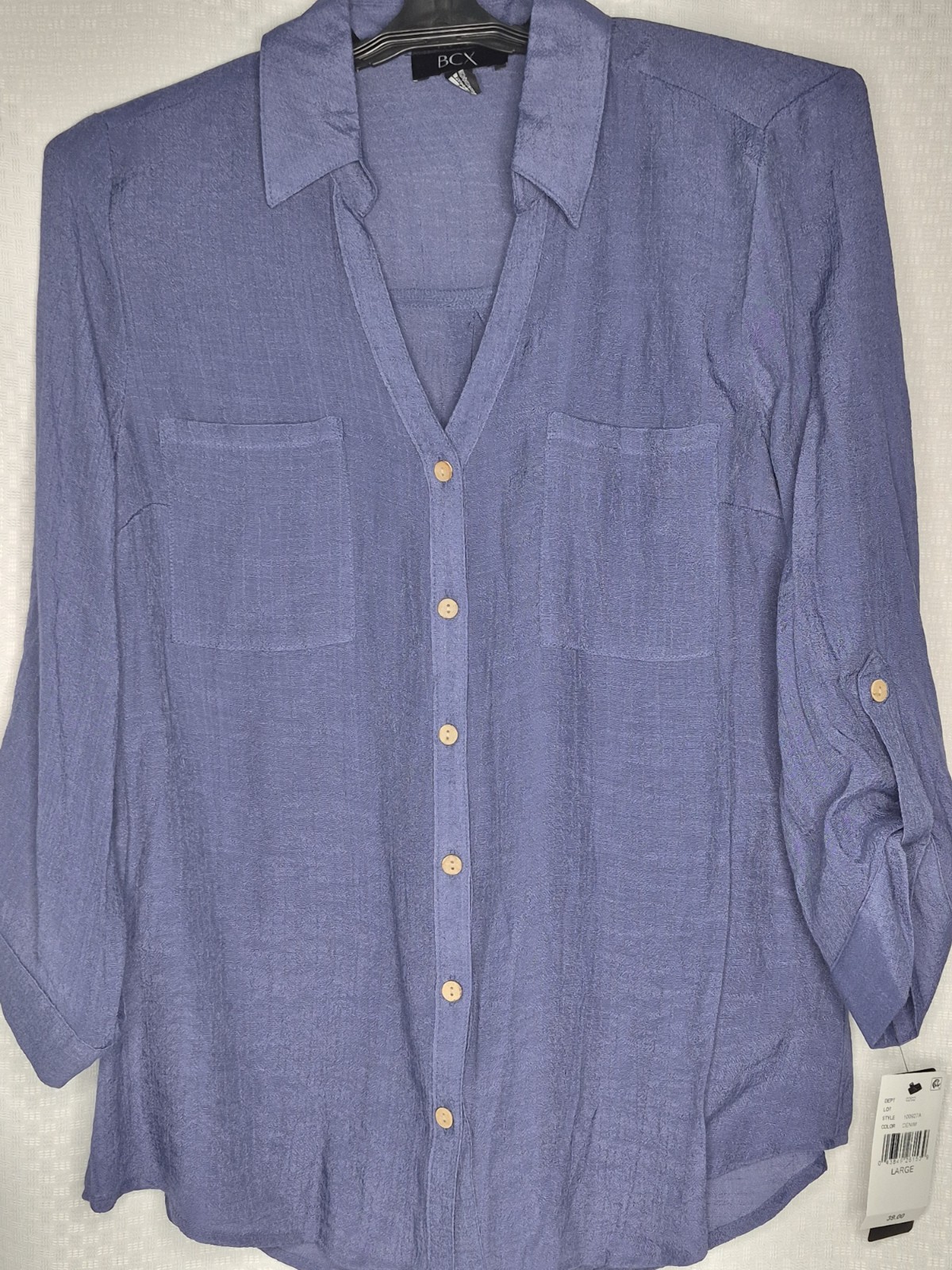 BCX Ladies NWT $39 Large Roll Tab Button Semi-Sheer Blouse v-neck & collar BLUE
