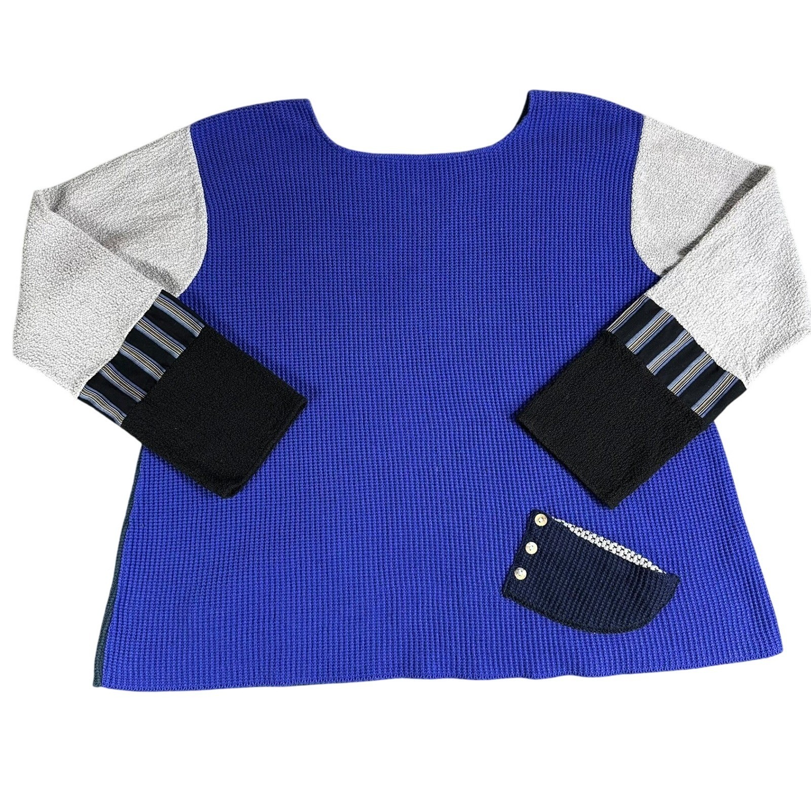 Double Sided Colorblock Patchwork Knit Top Blue Gray Green Black Size M