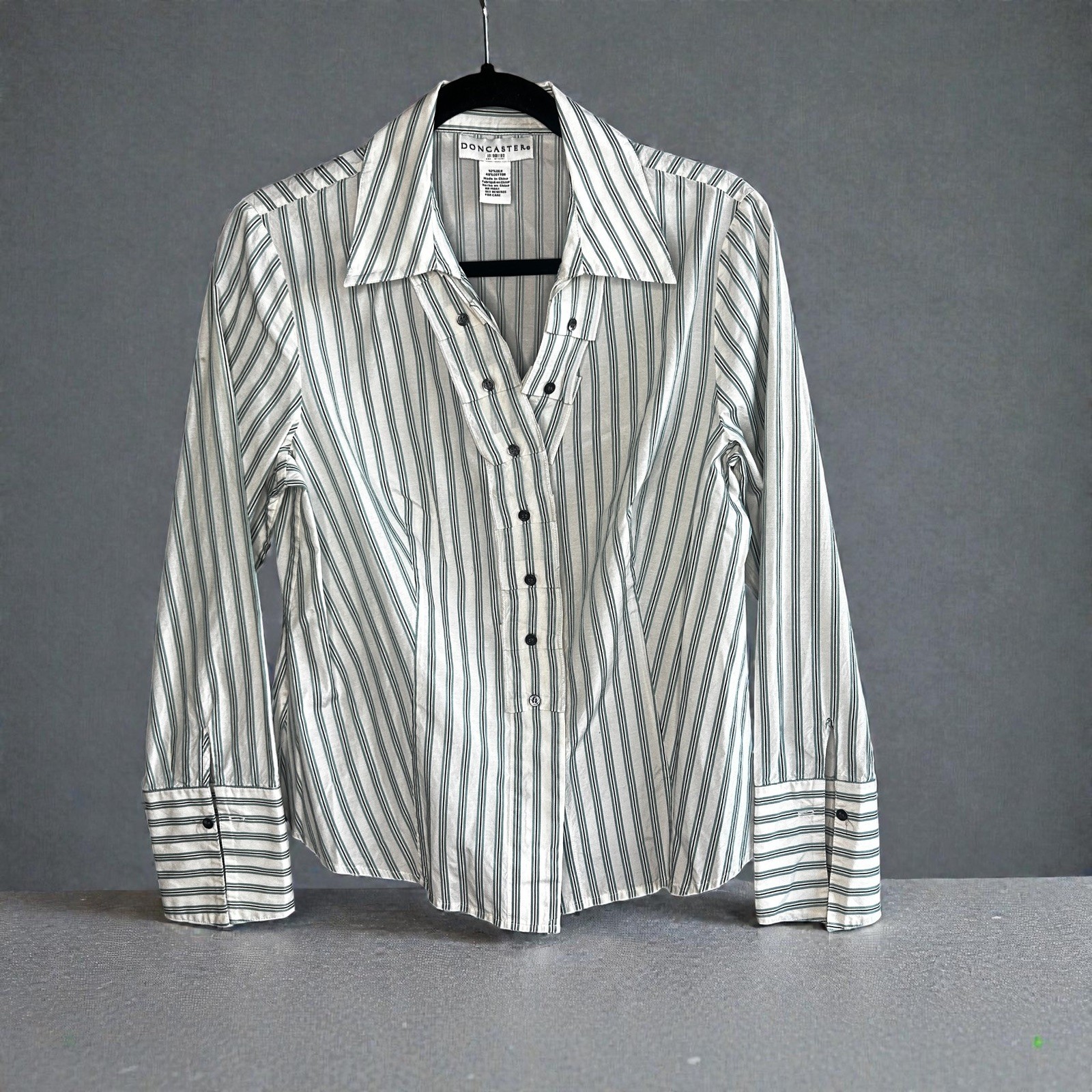 Doncaster Gray White Striped Pleated Placket Silk Blend Blouse Shirt Size 14