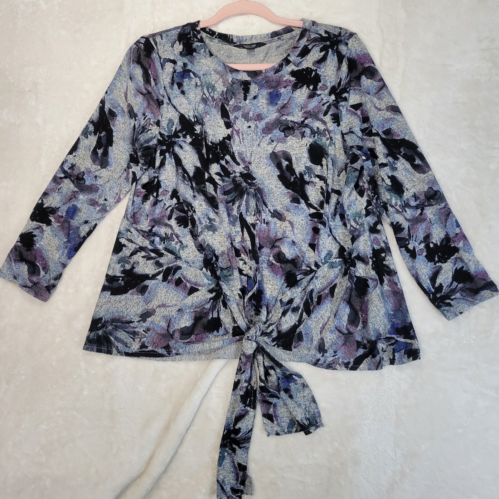 Simply Vera VeraWang M Women’s Gray Soft Sweater w/ Purple Blue Black & Tie