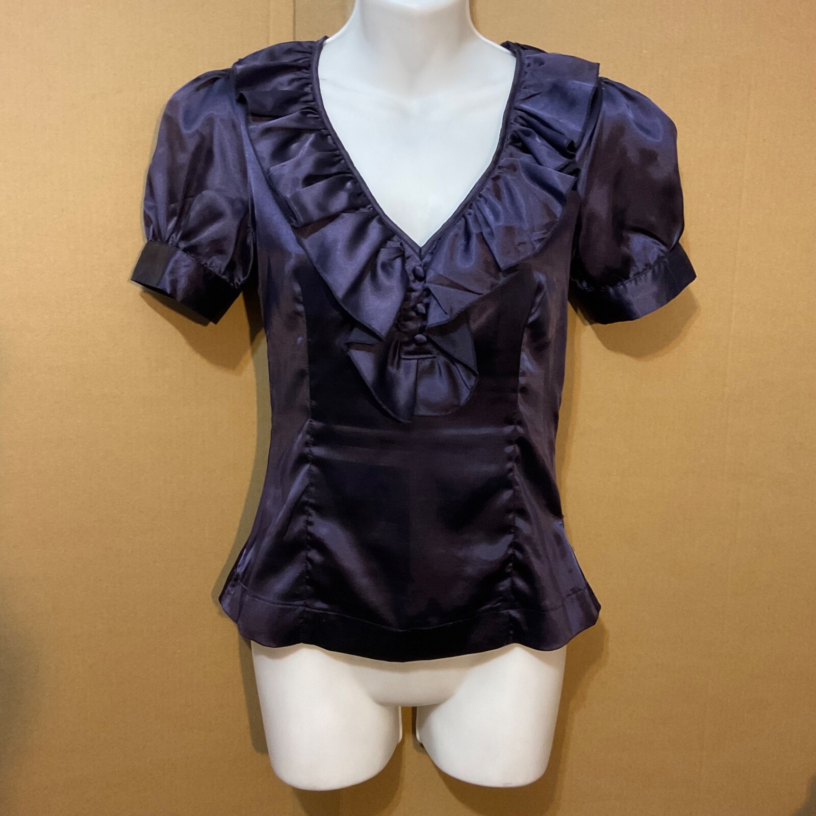 Goth Edwardian Victorian Style Short Sleeves Ruffle Shiny Purple Blouse Top Sz S