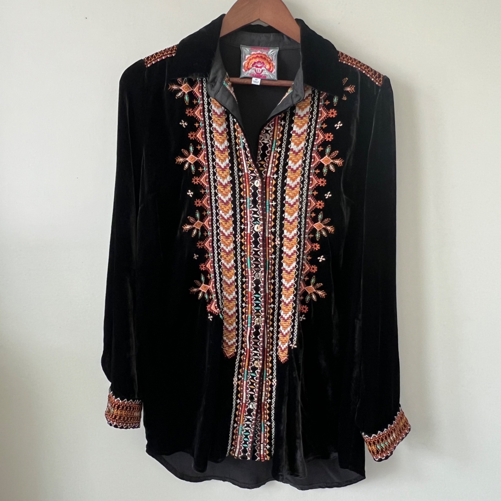 Johnny Was Velvet Tunic Button Front Black Women XS Boho Embroidery Festival Art