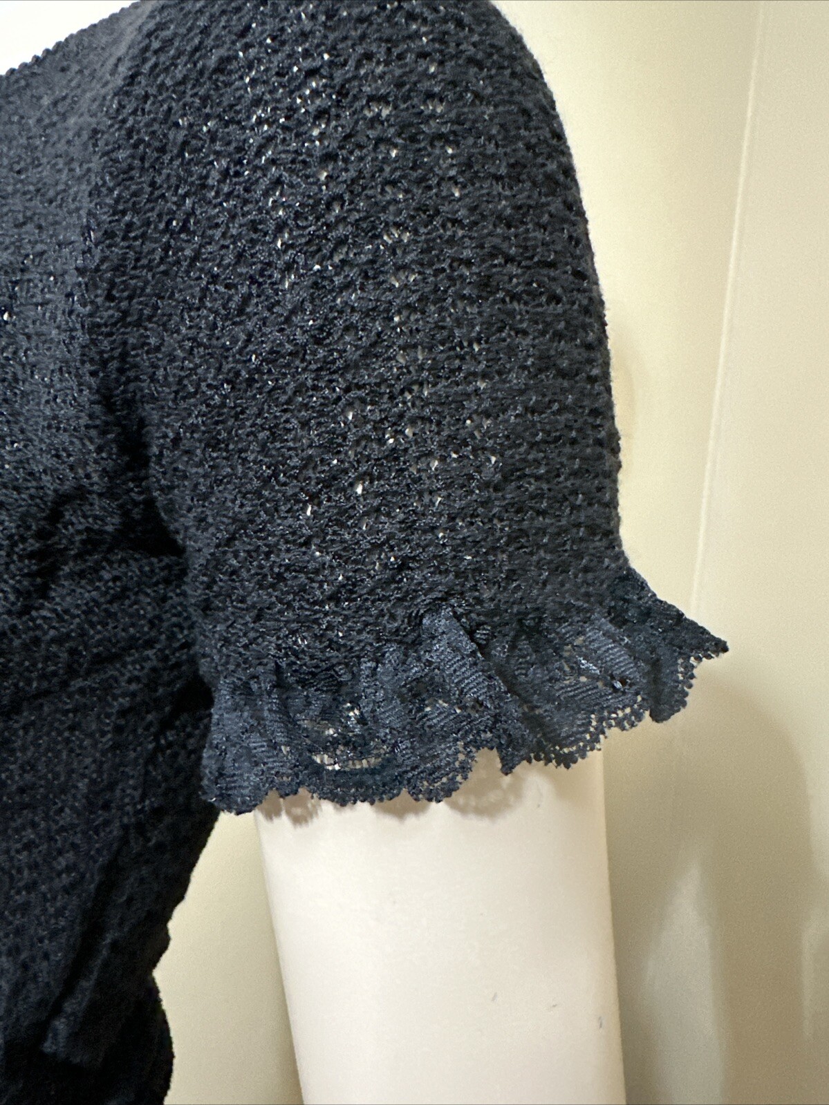 Women’s Black Cotton Crochet Casual Stretch Slim Sheer Lace Beaded One Size Top