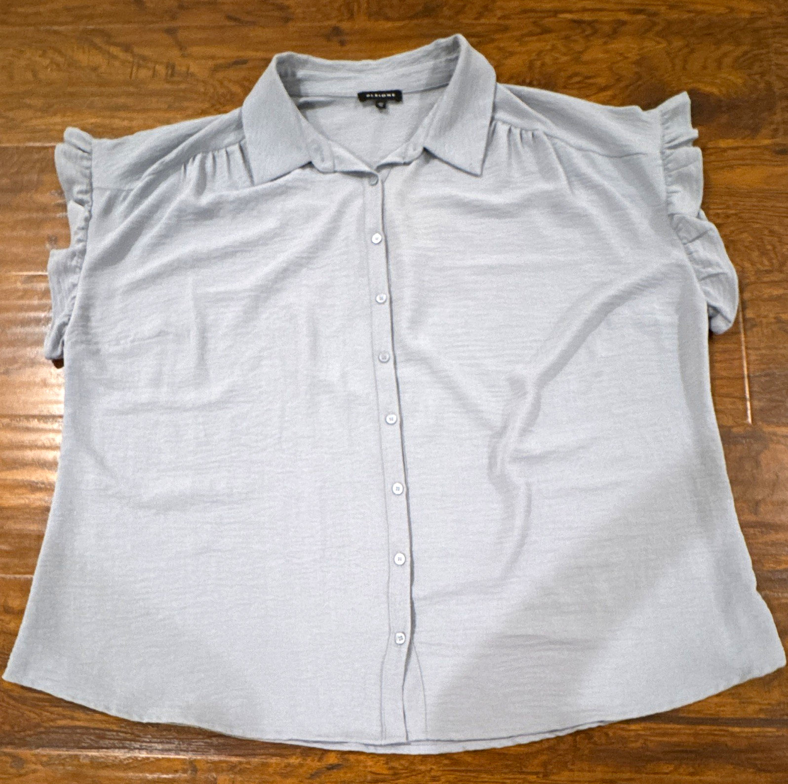 Pleione 1X Plus Gray Collared Button-Front Ruffle Woven Polyester Blouse