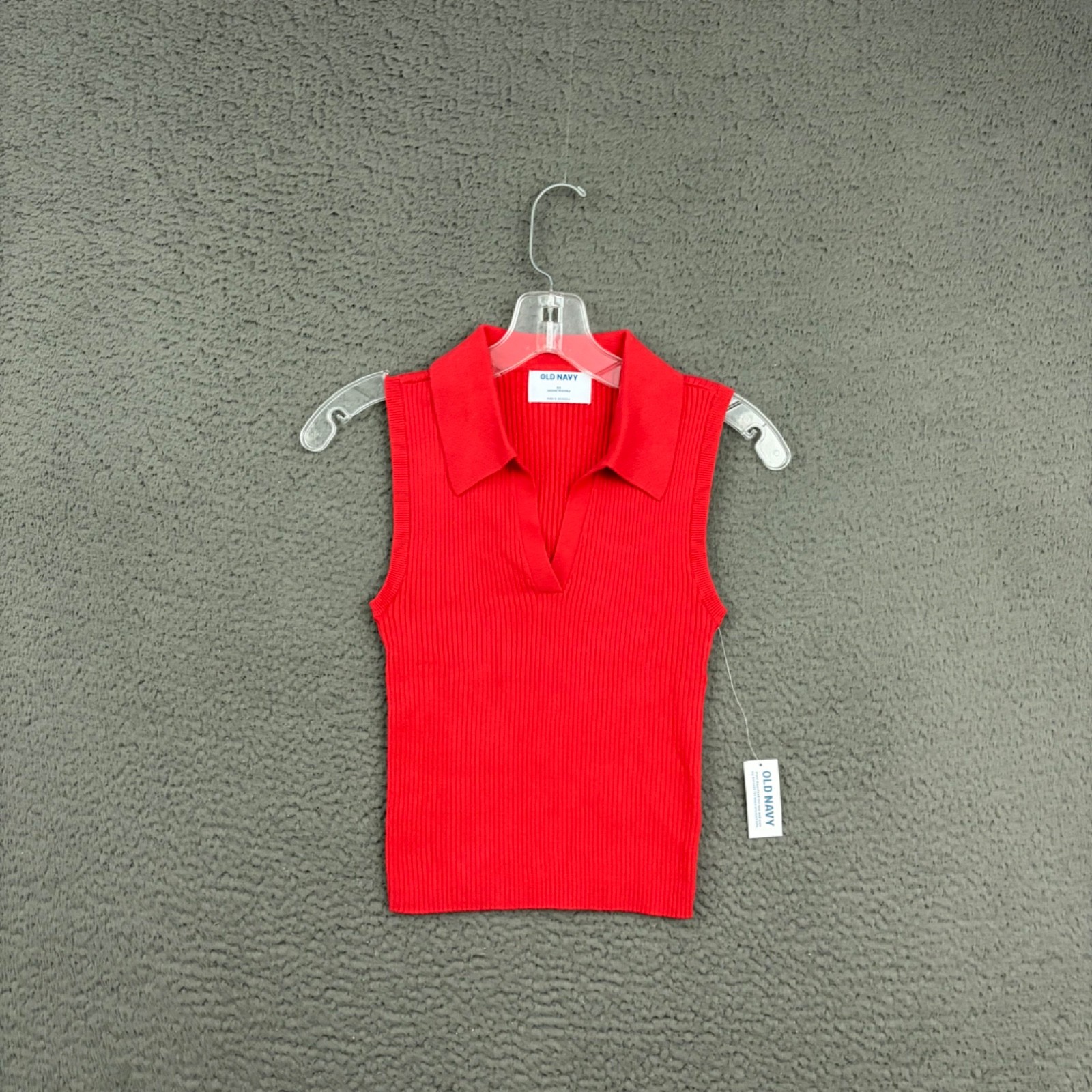 Old Navy Top Womens XS Red Ribbed Collared Sleeveless Casual Knit Stretch Mom