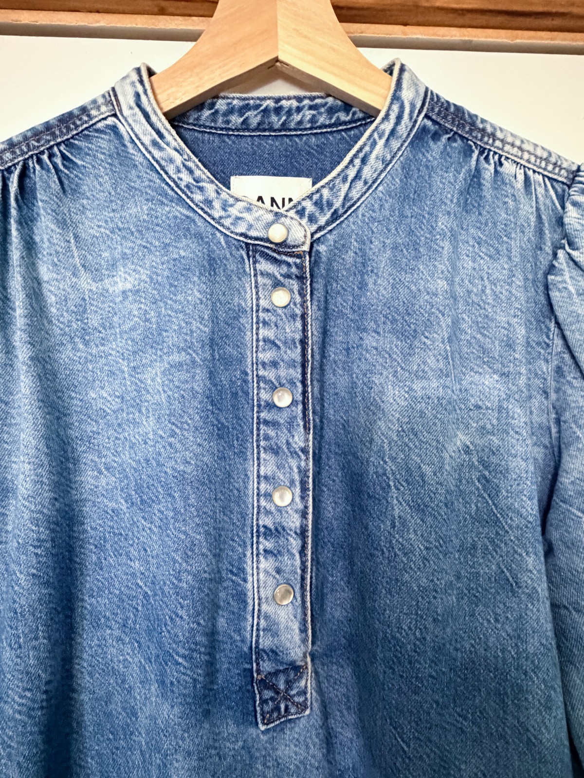 GANNI Lightweight Denim Henley Blouse Puff Sleeve Size 40 M/L Western