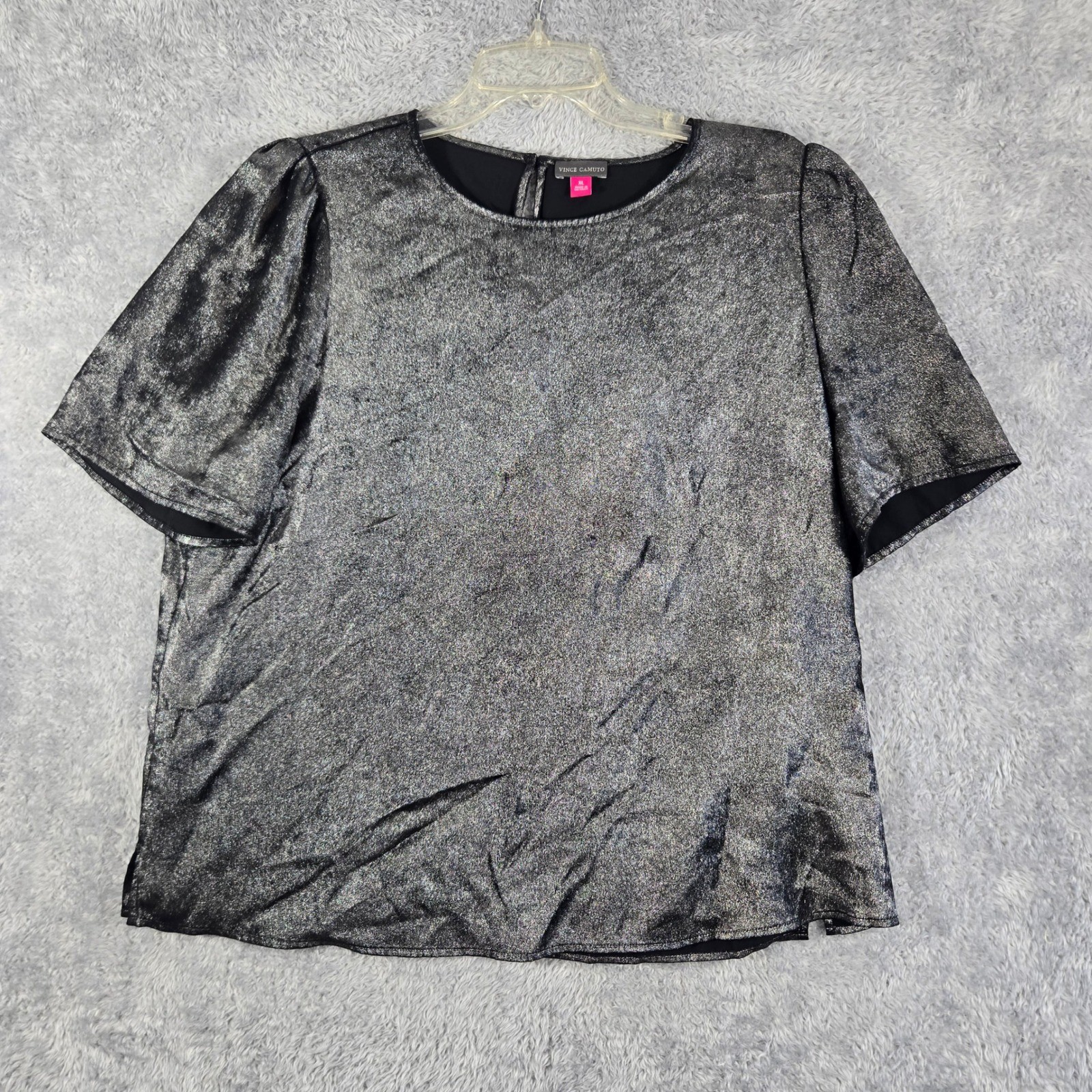 Vince Camuto Silver Metallic Foil Short Sleeve Blouse Top XL Keyhole Back