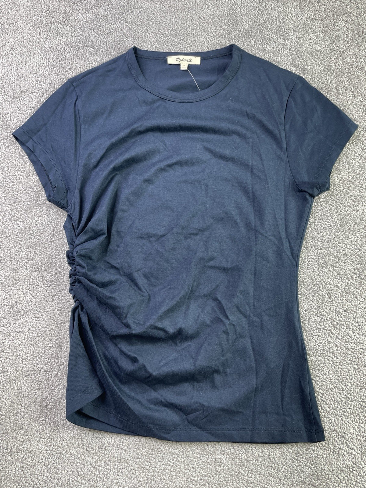 Madewell Asymmetric Ruched Tee in Allday Jersey Small Blue Short Sleeve