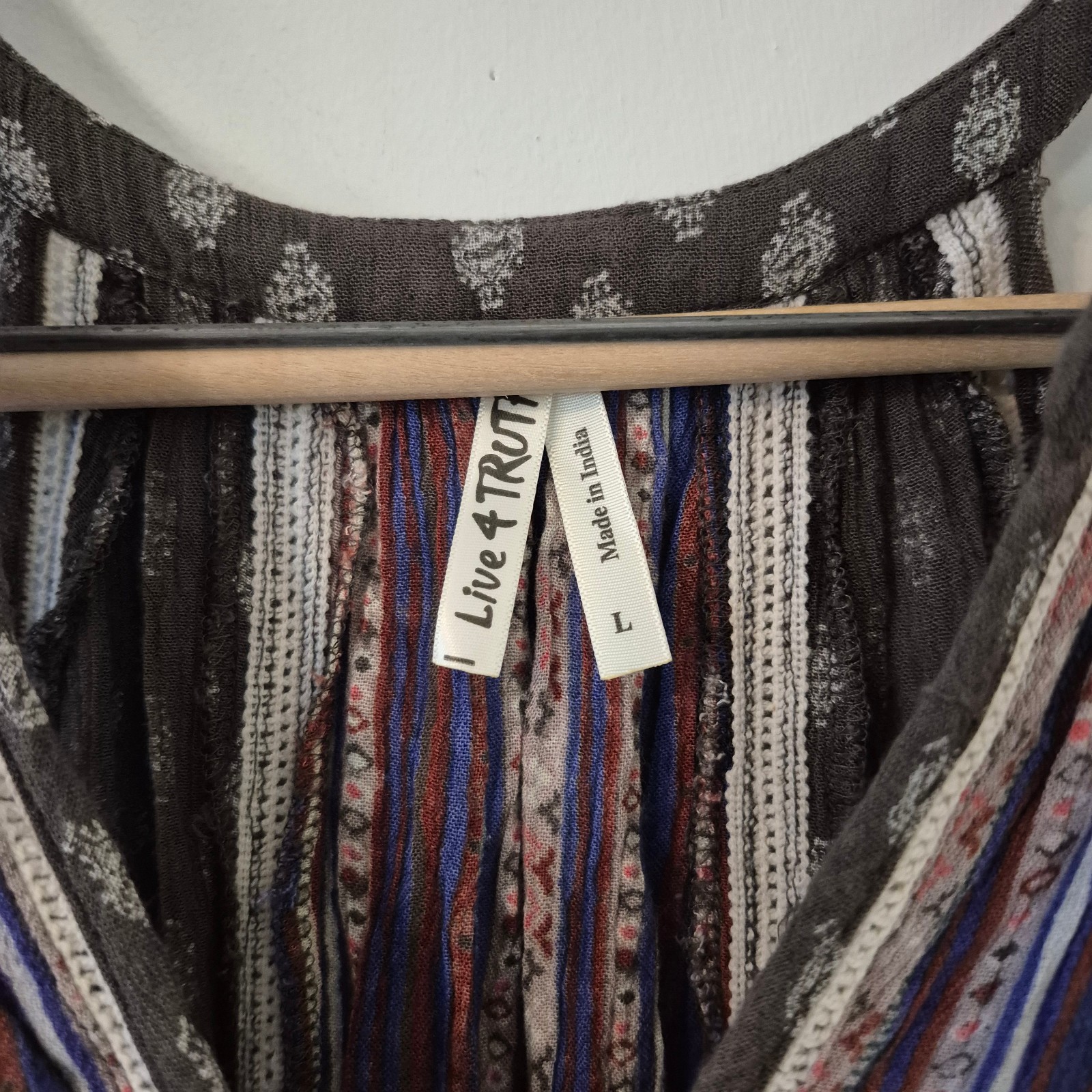 Women L Mixed Print Pom Pom Hem Top Boho Festival Coastal Grandmother Earthy