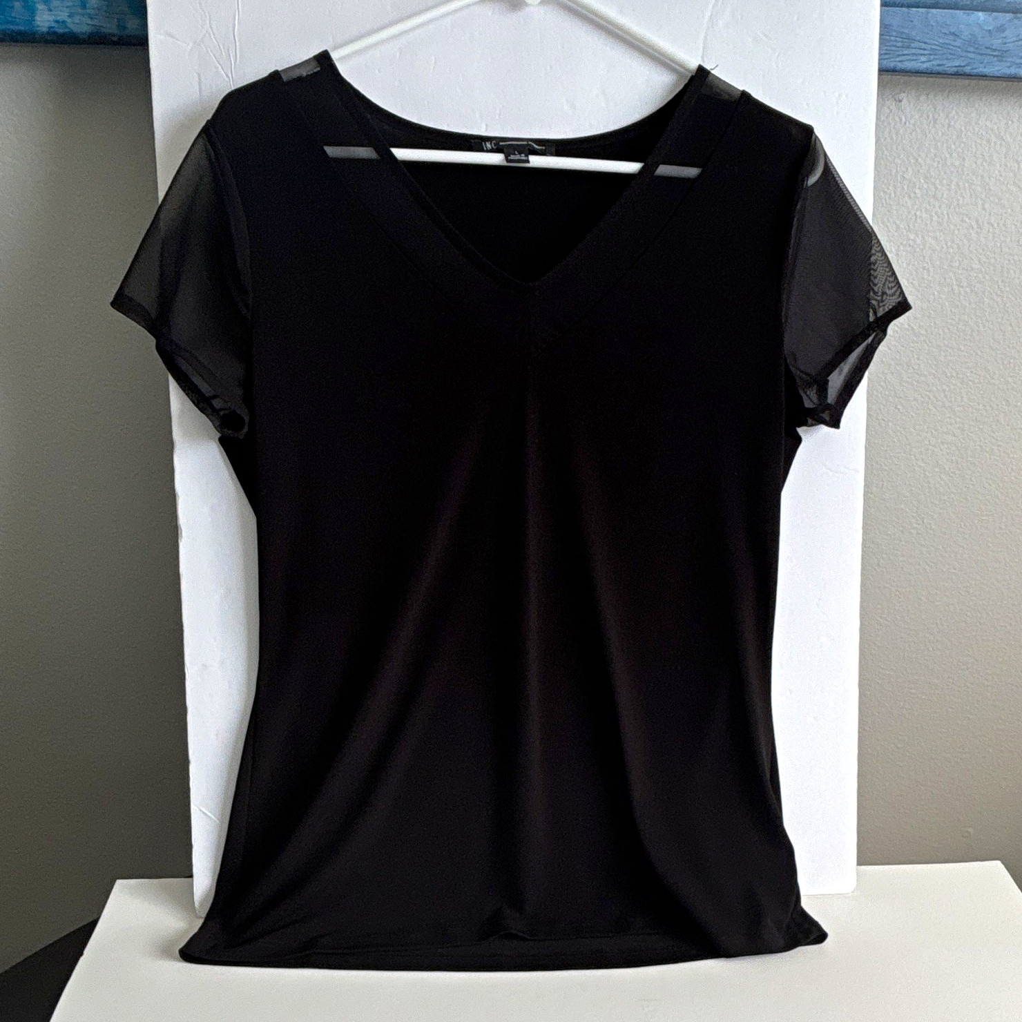 I.N.C International Concepts Black V-Neck Short Sleeve Sheer Top, Women’s L