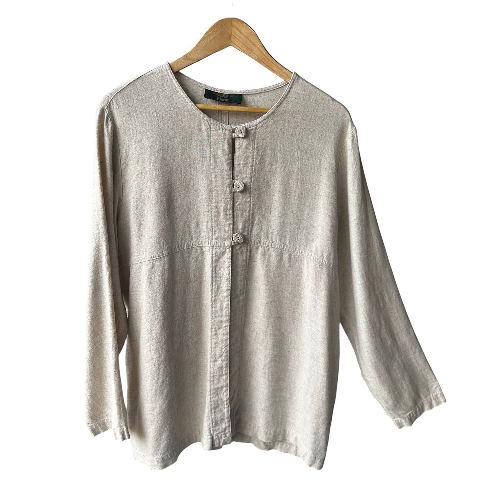 Orvis Top Blouse Flax Linen Blend Toggle Button Oatmeal Beige Grandmacore Large