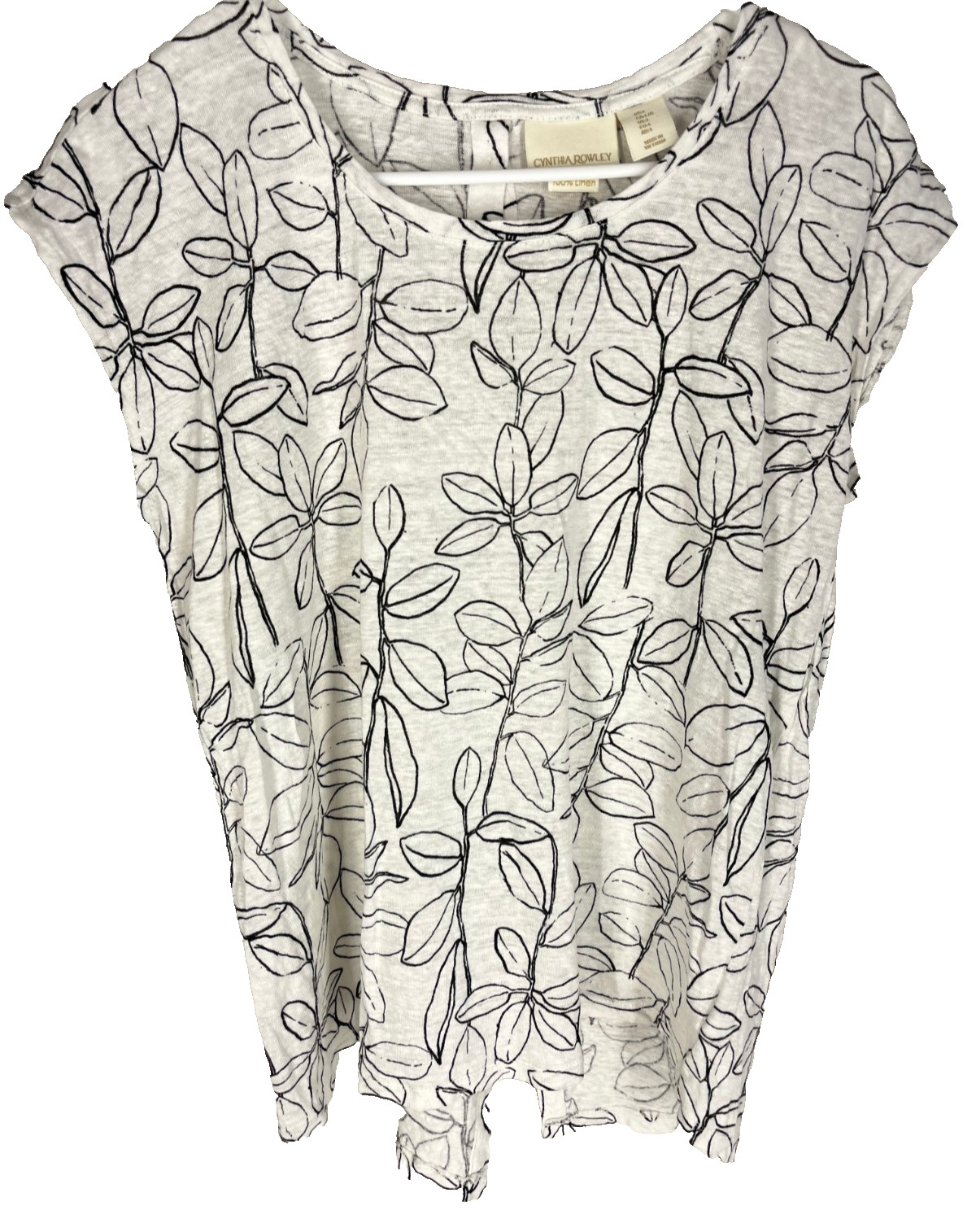 CYNTHIA ROWLEY Botanical Print Button Back 100% Linen Slub Knit T-Shirt Top sz L