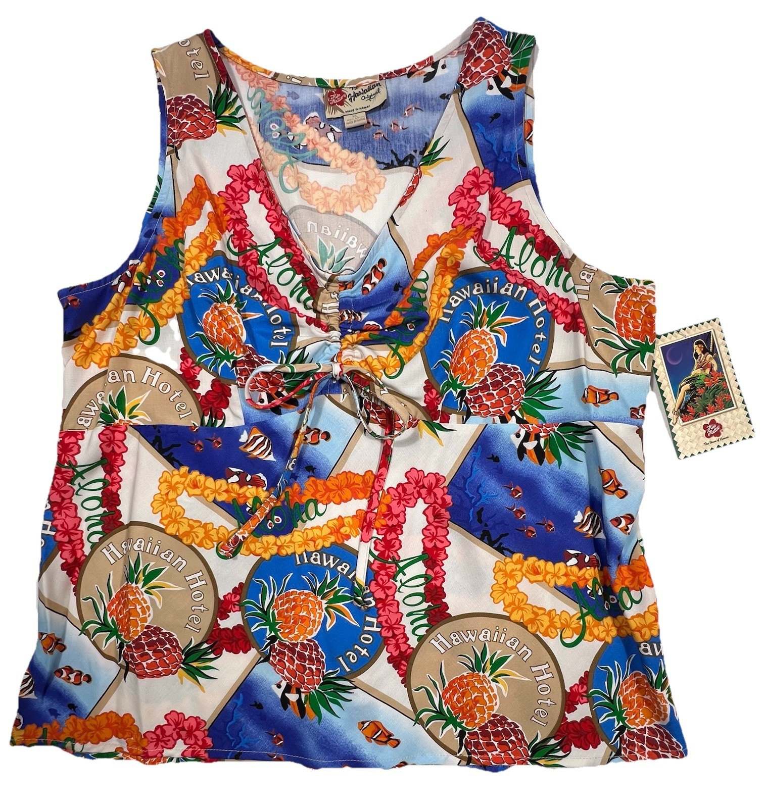HILO HATTIE Womens XL Aloha Floral Luau Tie Front Sleeveless Top NWT Tropical