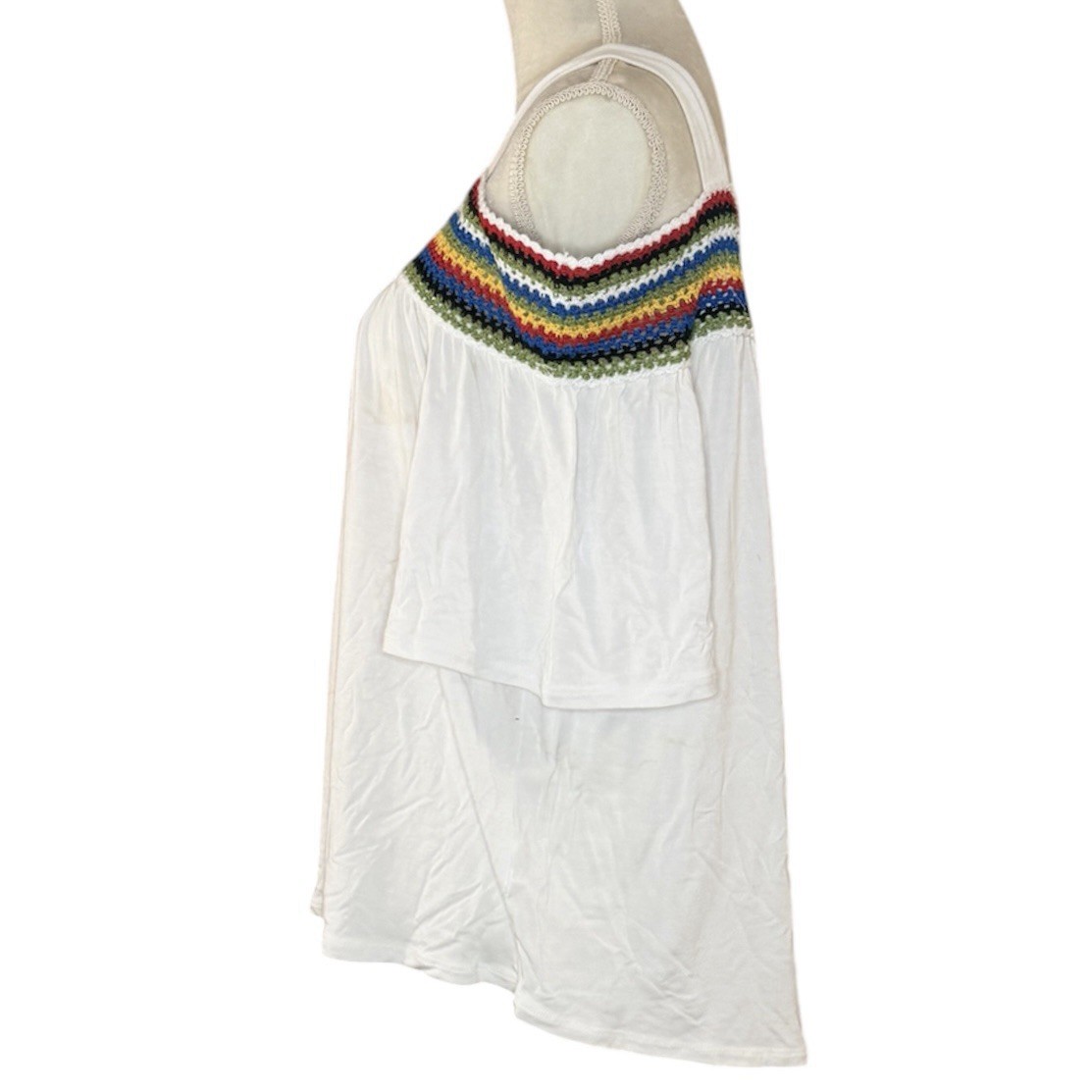 Cha Cha Vente Women’s Medium White Cold Shoulder Crochet Rainbow Boho Top
