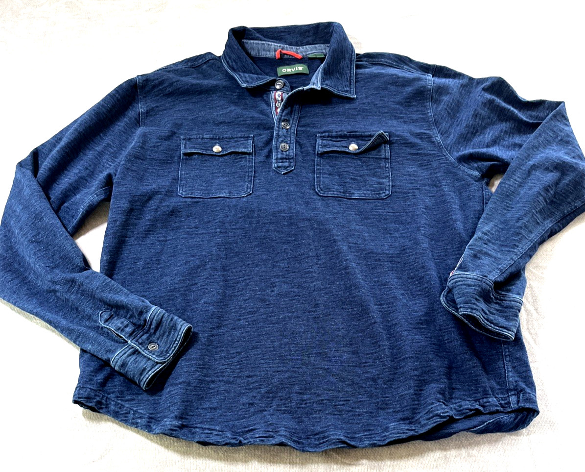 Orvis Dark Wash Shirt Womens L Aztec Trim Stretch Pockets Blue Cotton
