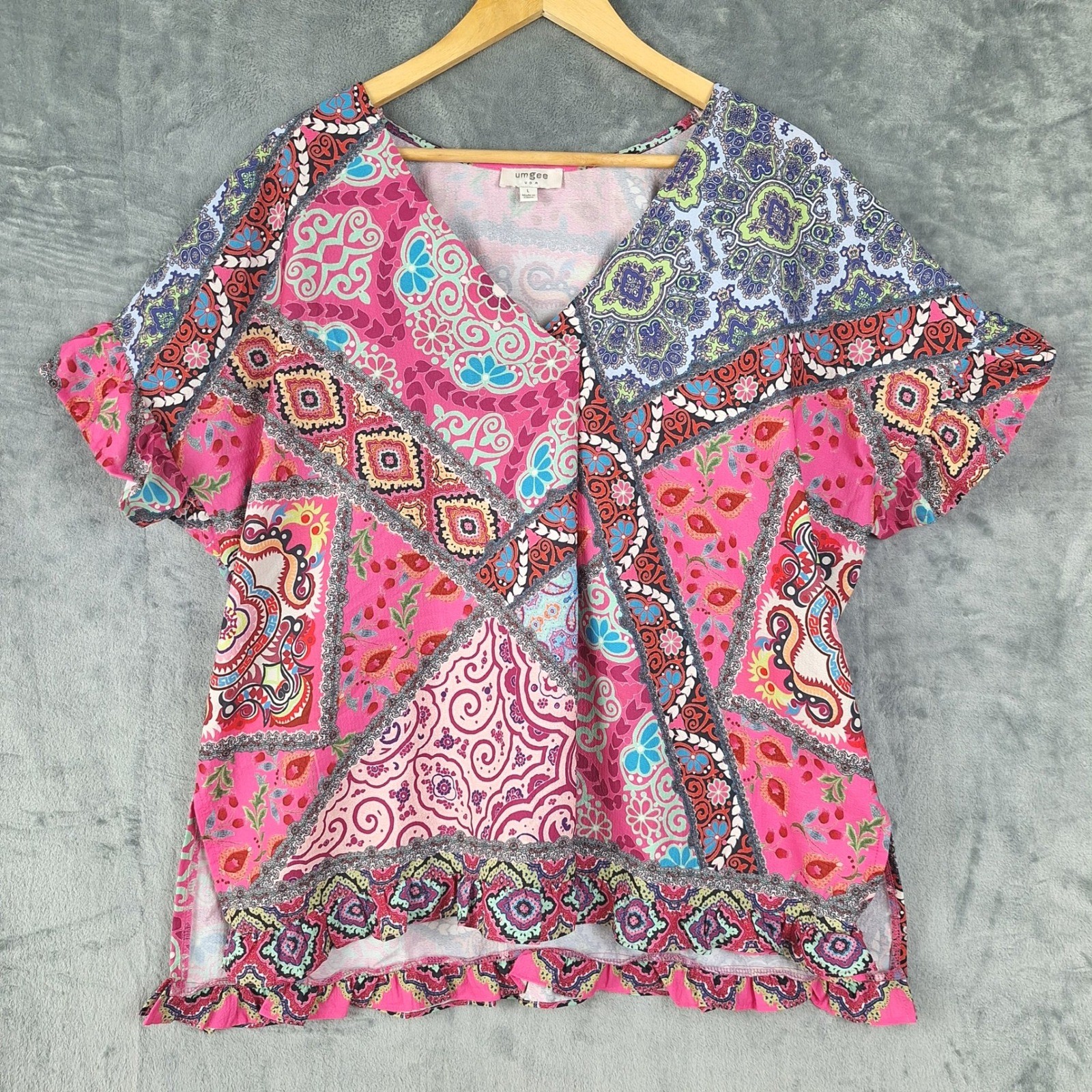 Womens Top Large Bandana Print Patchwork Floral Boho Hippie Retro Ruffle Casual