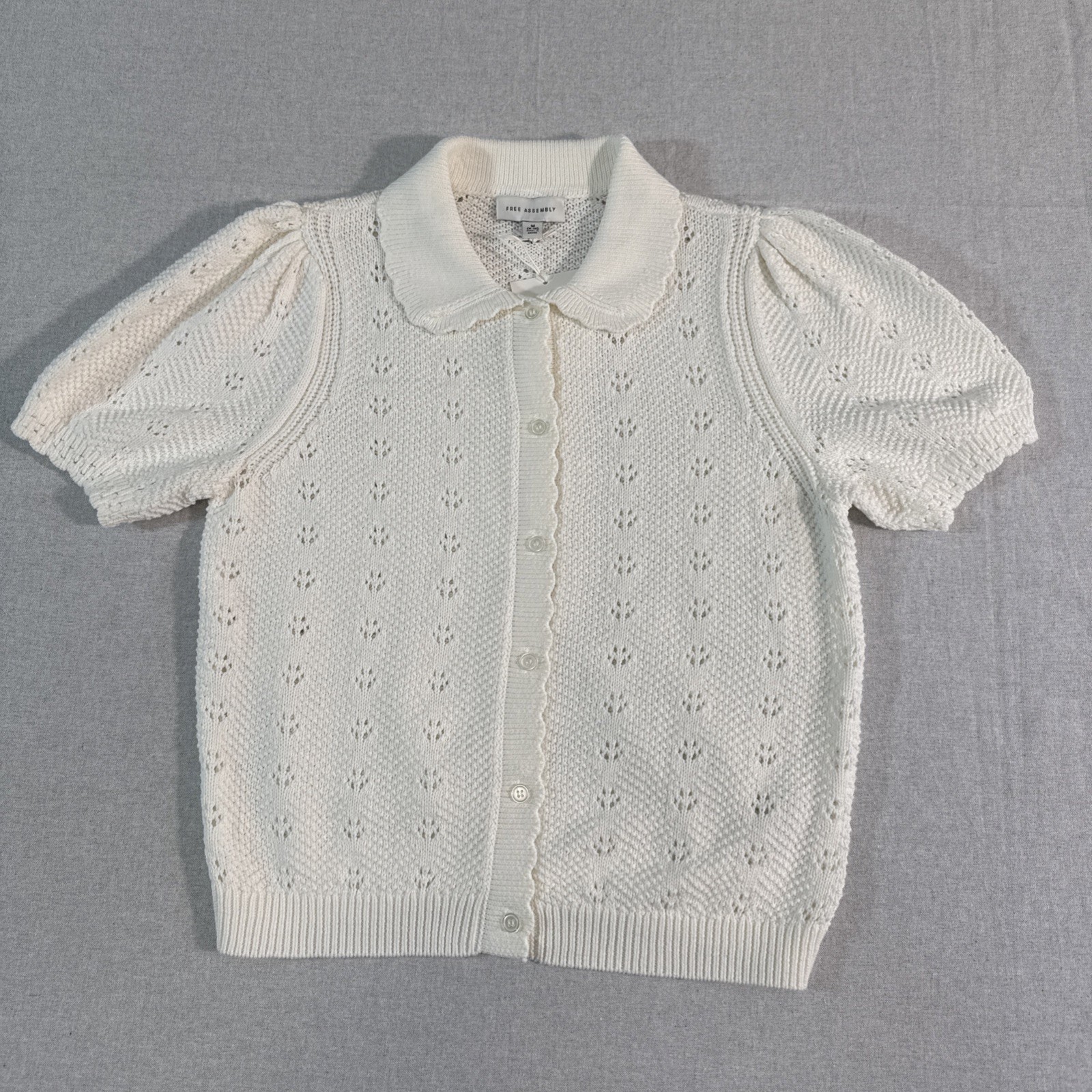 Cardigan M NWT Whimsical Crochet Eyelet Puff Sleeve Cottagecore Coquette Grandma