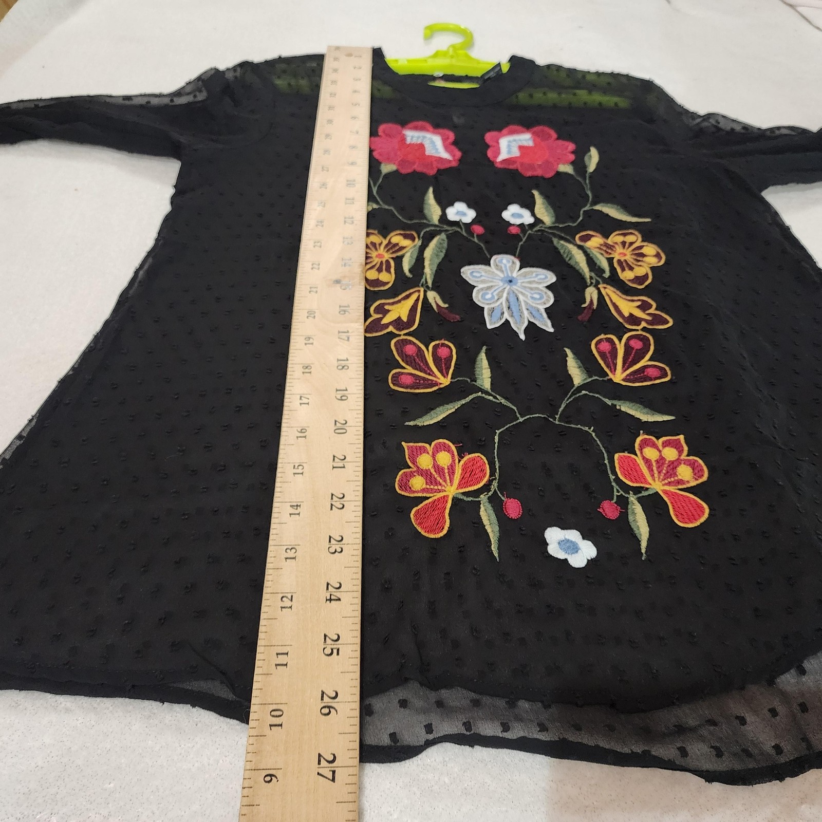 Grace Elements Blouse Womens Small Black Sheer Swiss Dot Embroidered Floral Boho