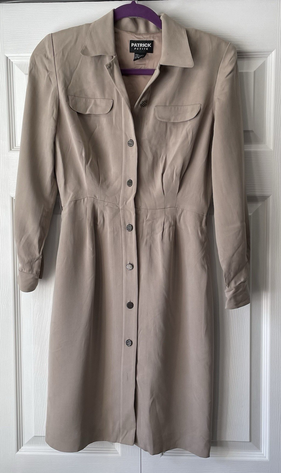 Patrick Silk Shirt Dress Size 2 Petite Long Sleeve Beige Button Down Collared