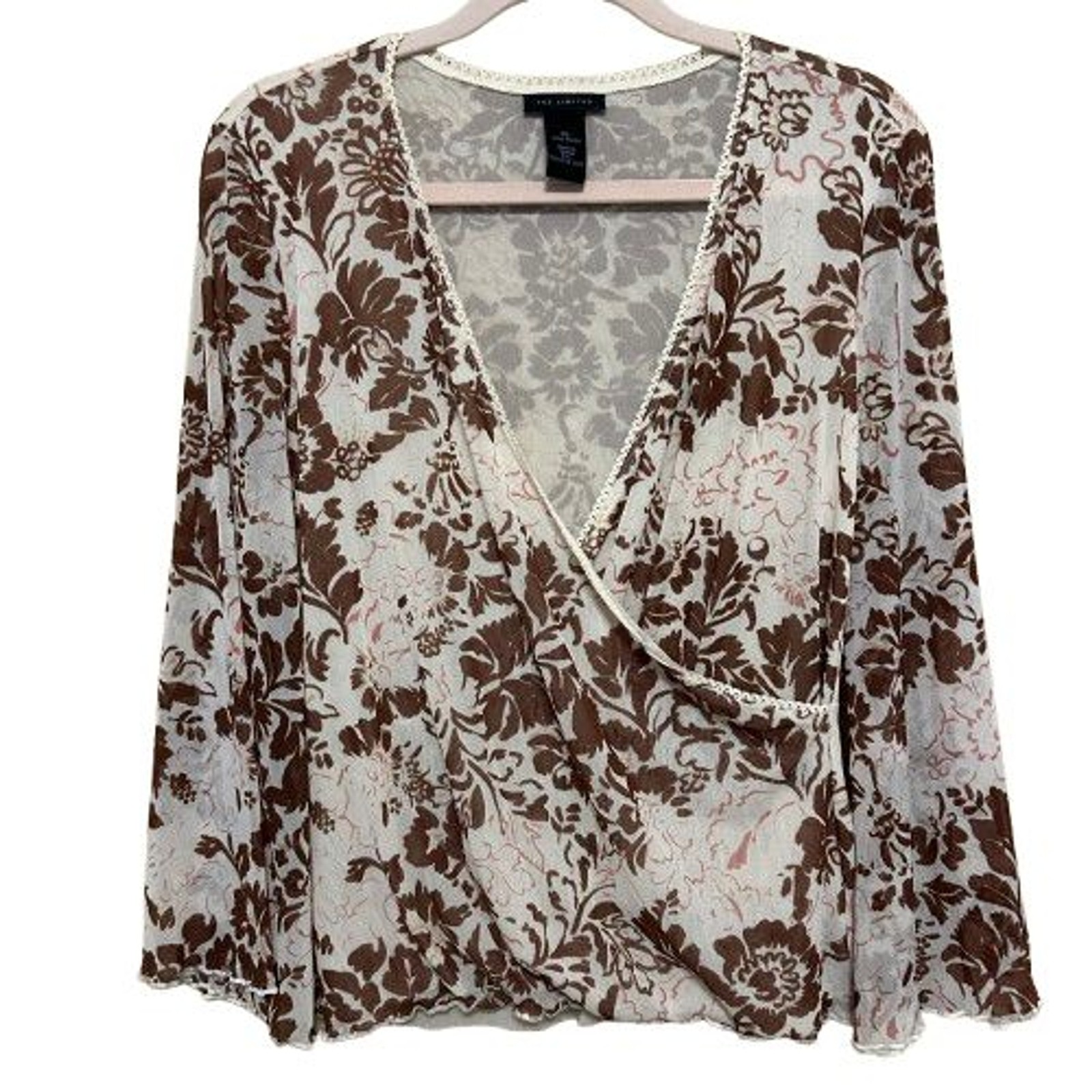 VTG The Limited Wrap Top XL Cream Floral Mesh Layer Bell Sleeve Y2K Fairy Grunge