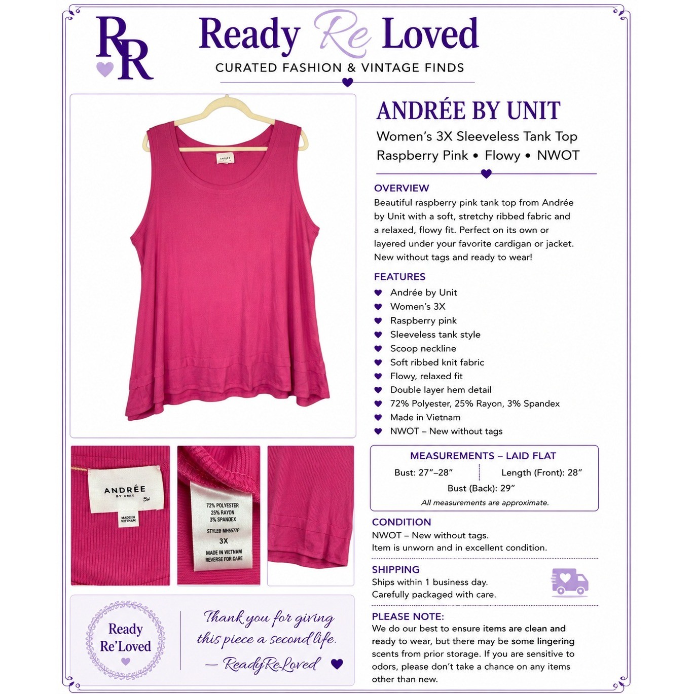 Andrée by Unit 3X Raspberry Pink Ribbed Tank Top – Flowy Layered Hem NWOT