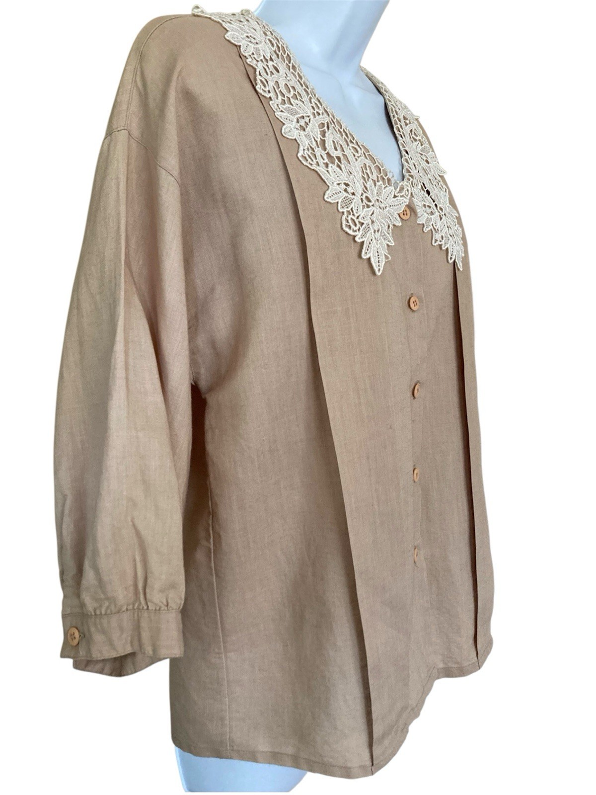 Vintage 80s 90s Cottage Boho Romantic Coquette Taupe Cotton Lace Blouse Top M