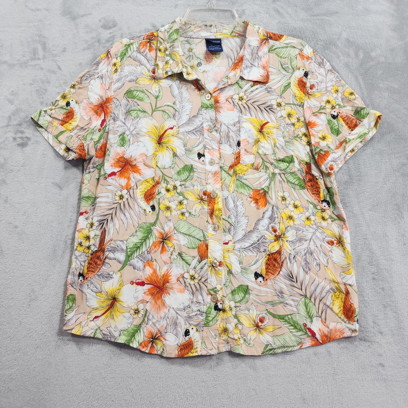 Vintage Basic Editions Shirt Womens L Multicolor Rayon Hawaiian Parrot Floral
