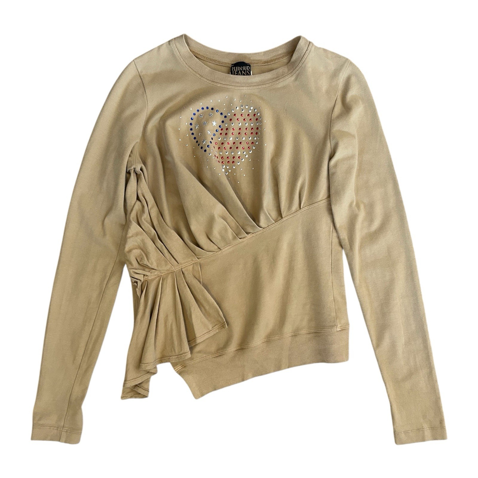 VTG Y2K Plein Sud Jeans Studded Heart Asymmetrical Beige Long Sleeve Top 6