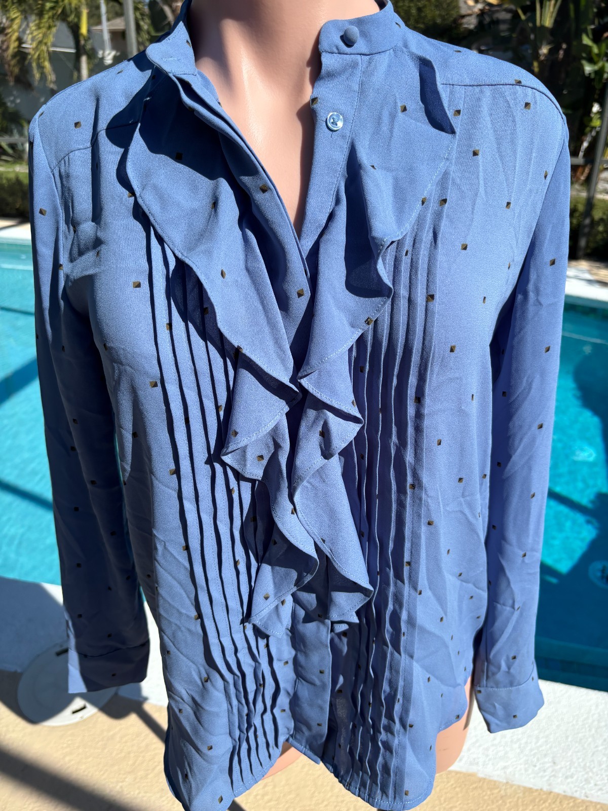 Ann Taylor Ruffle Pleated Blue blouse Top womens Button up XS
