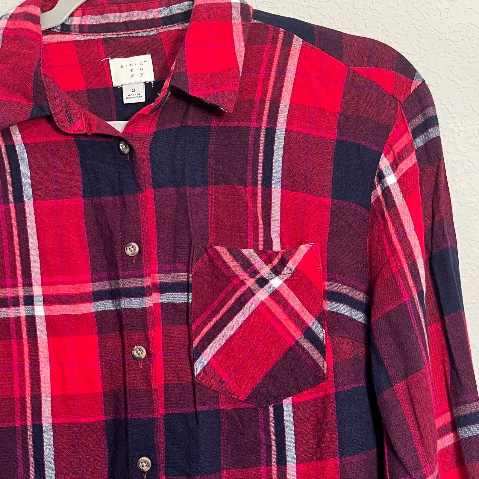 A NEW DAY Red Plaid Flannel Button Up Shirt Womens Small Autumn Americana Cabin