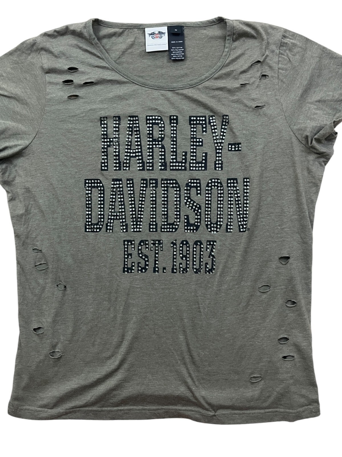 Harley-Davidson Shirt Womens 1W Green Logo Rhinestones Destroyed Moto Biker USA