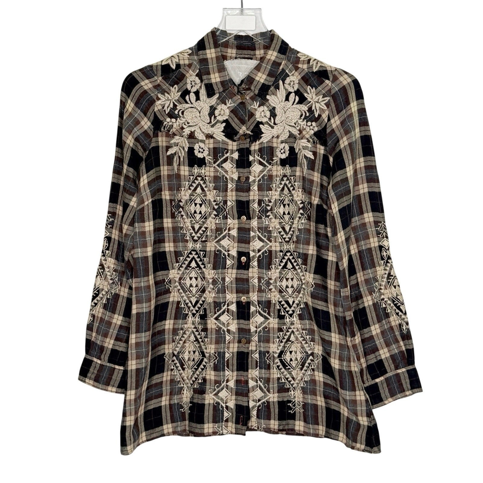 Johnny Was J3 Workshop Embroidered Plaid Shirt S Brown Ivory Plaid Boho