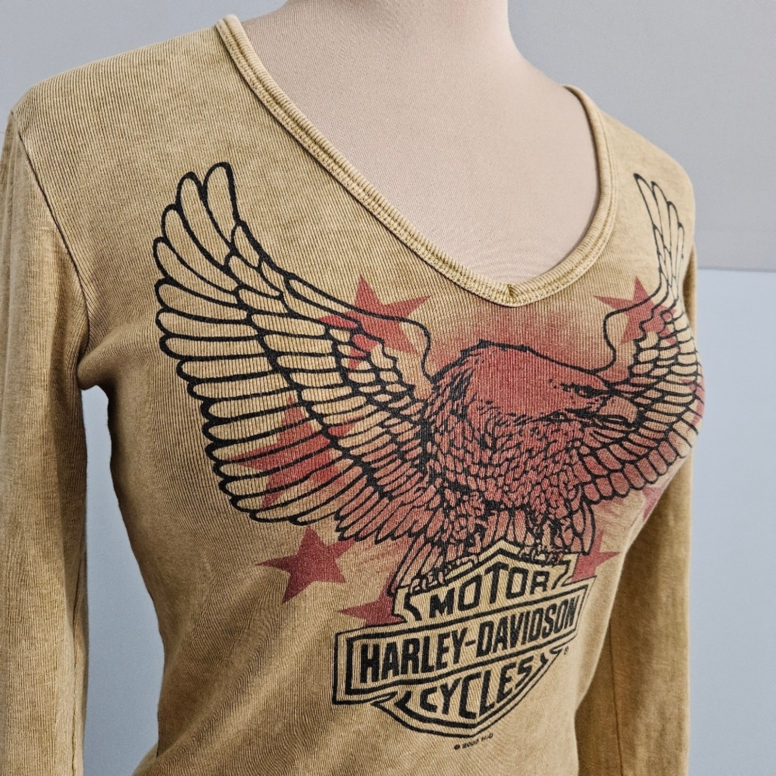 Harley-Davidson Long Sleeve V Neck Top Medium Eagle Graphic Bikercore Acid Wash