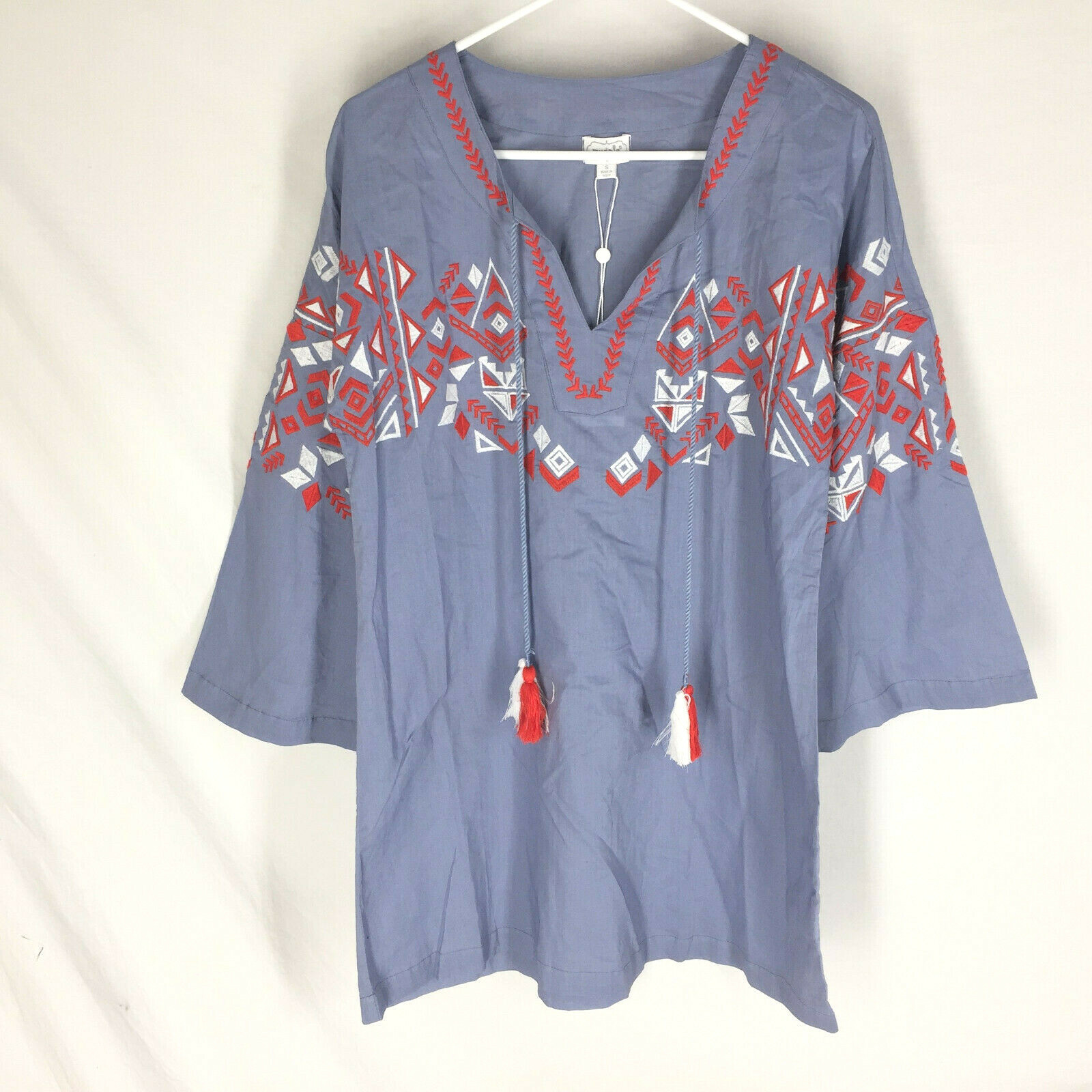 NEW Mudpie Tunic Size Small Embroidered Aztec Tribal Design Bell Sleeve NWT