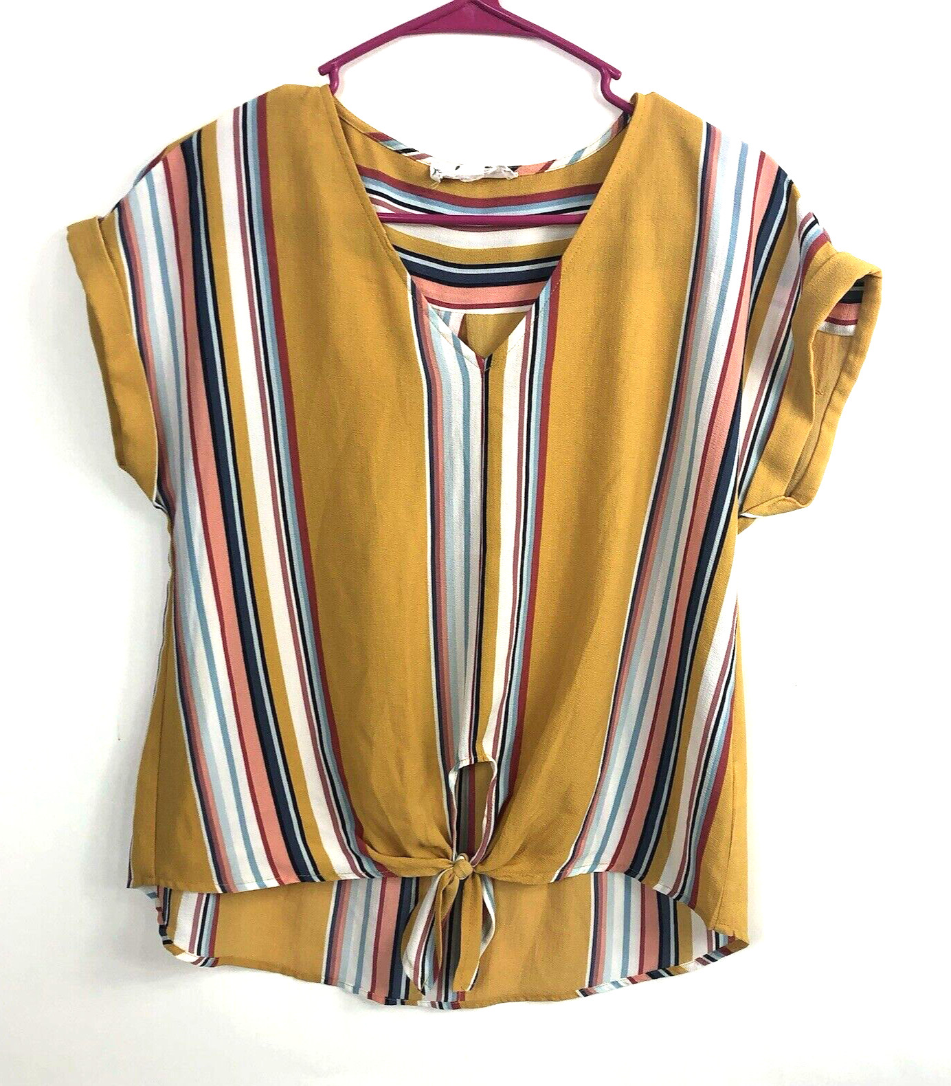 Women’s Pink Rose Gold White Blue Pink Black Stripe V-Neck Cap Sleeve Blouse M