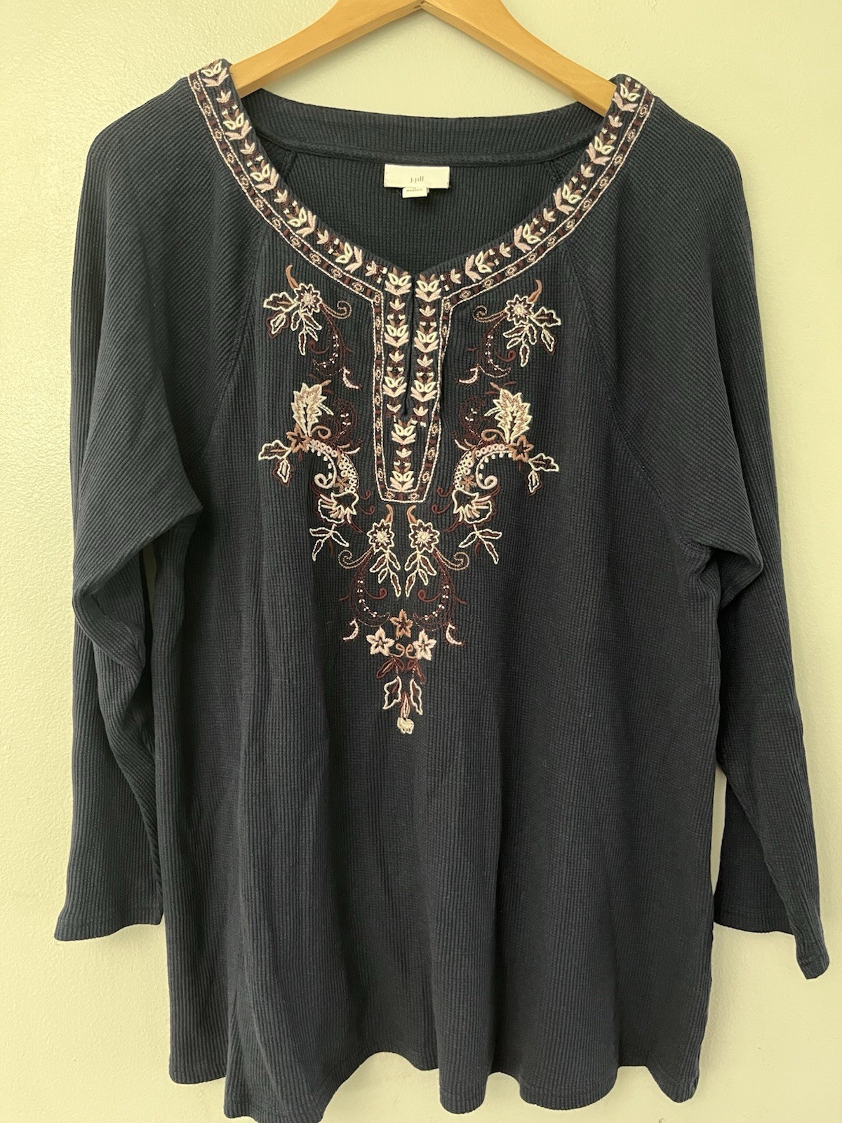 J. Jill Women’s Blouse Thermal Waffle Knit Embroidered Floral Boho Hippie
