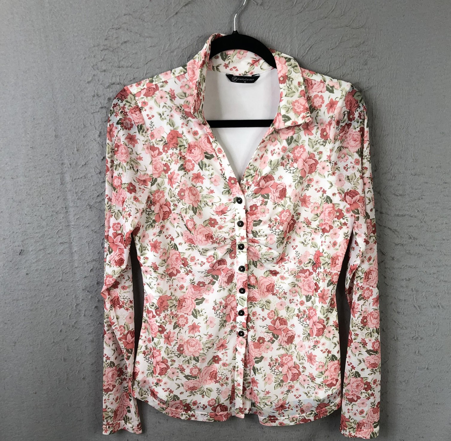 Fairy Grunge Womens M Pink Floral Mesh Button Front Lined Feminine Sheer Cottage
