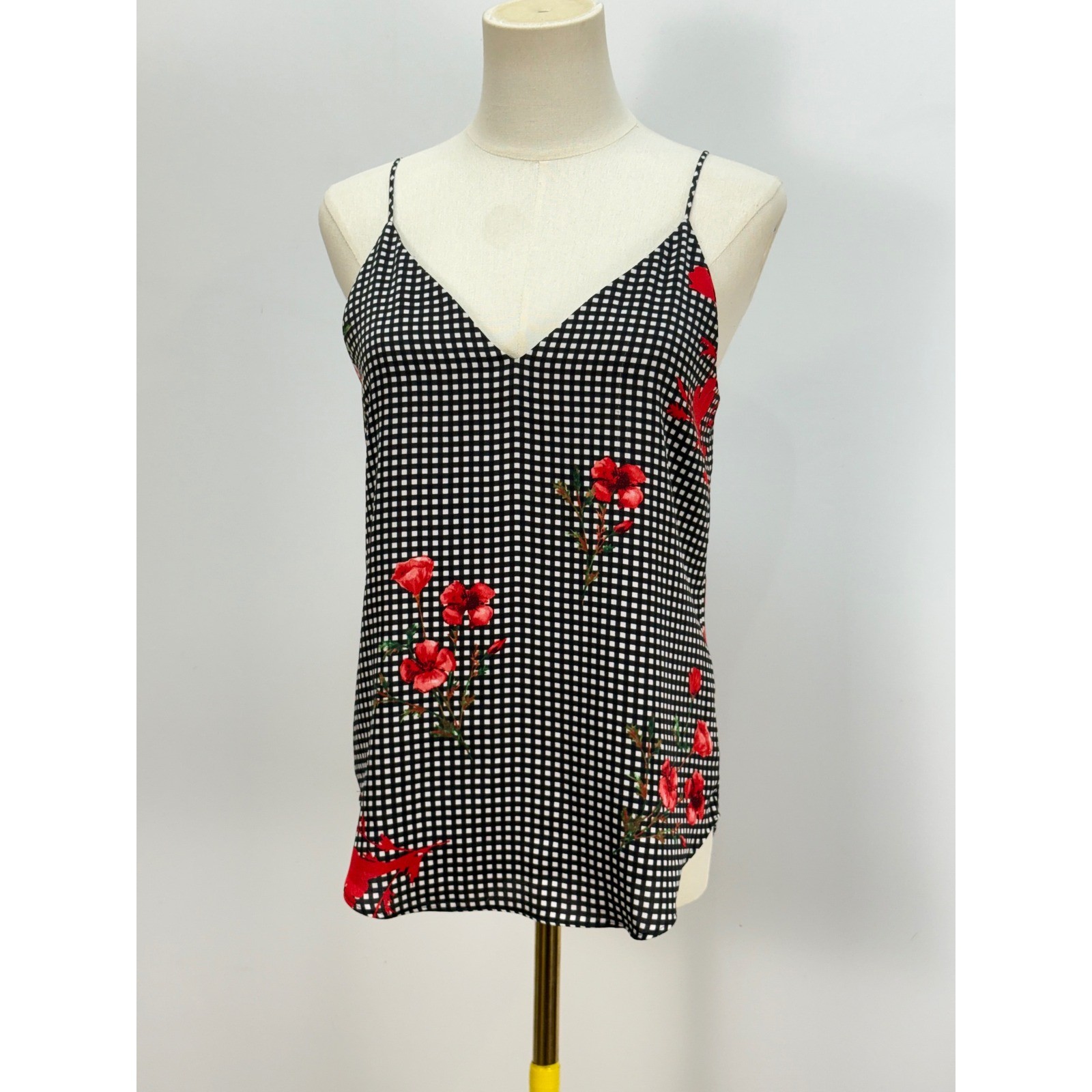 Express Gingham Floral Cami Tank Top Black White Red V-Neck Spaghetti Strap XS
