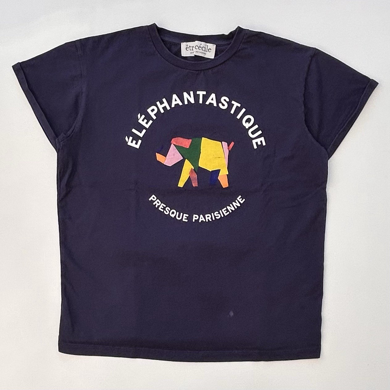 Etre Cecile Shirt Elephant Navy Blue Graphic T Shirt Size Women’s XS Has Flaws