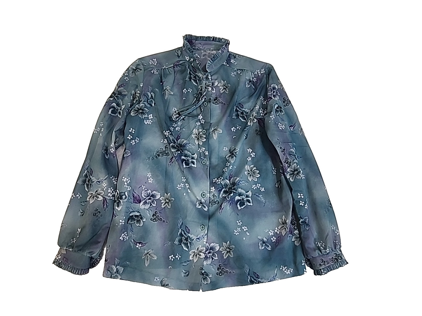 Vintag Blouse Top SIZE LARGE Blues Ruffle Neck 70s 80s Ruffle Cuffs Floral #1540